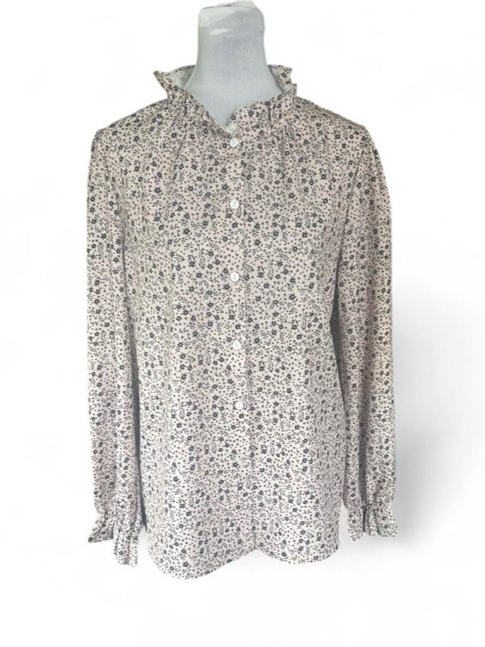 Women’s Floral Collared Button Front Ruffle Blouse, Size L